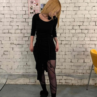 Dark Gothic String Drape Cut Long Skirt