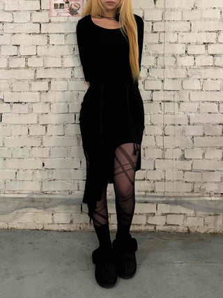 Dark Gothic String Drape Cut Long Skirt