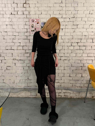 Dark Gothic String Drape Cut Long Skirt