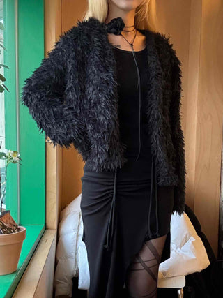 Chic Monotone Shaggy Open Three-Button Cardigan