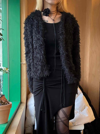 Chic Monotone Shaggy Open Three-Button Cardigan