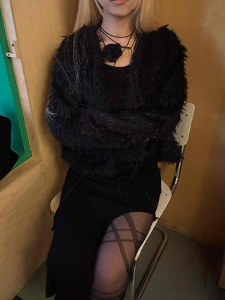 Chic Monotone Shaggy Open Three-Button Cardigan