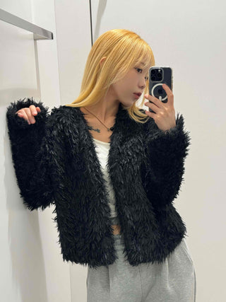 Chic Monotone Shaggy Open Three-Button Cardigan