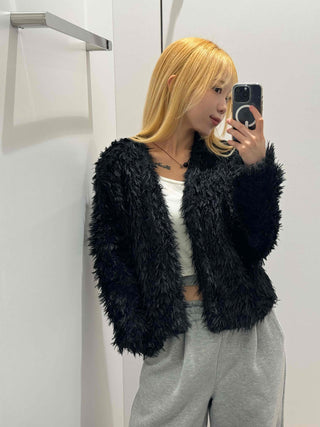 Chic Monotone Shaggy Open Three-Button Cardigan