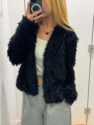 Chic Monotone Shaggy Open Three-Button Cardigan