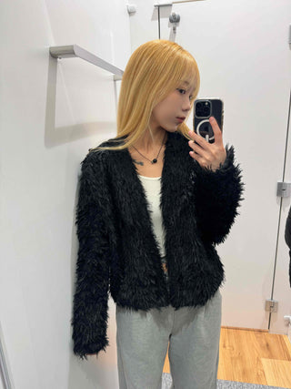 Chic Monotone Shaggy Open Three-Button Cardigan
