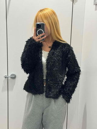 Chic Monotone Shaggy Open Three-Button Cardigan