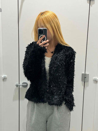 Chic Monotone Shaggy Open Three-Button Cardigan