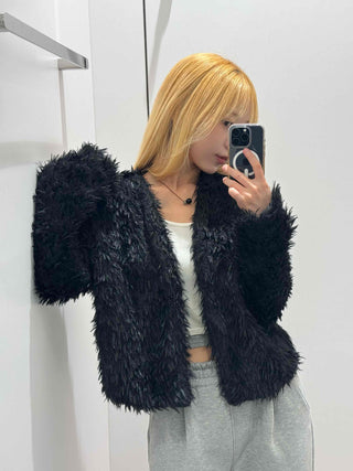 Chic Monotone Shaggy Open Three-Button Cardigan