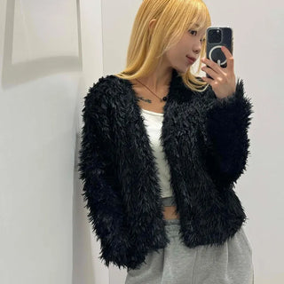 Chic Monotone Shaggy Open Three-Button Cardigan