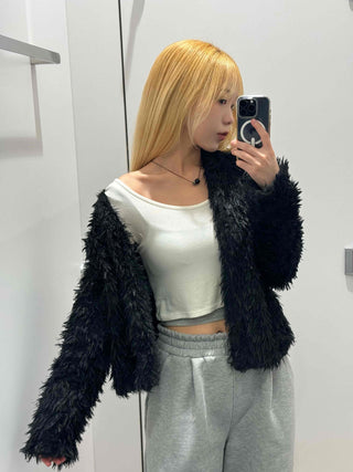 Chic Monotone Shaggy Open Three-Button Cardigan