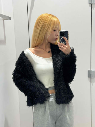 Chic Monotone Shaggy Open Three-Button Cardigan
