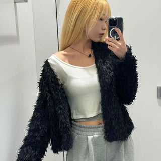 Chic Monotone Shaggy Open Three-Button Cardigan