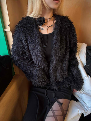 Chic Monotone Shaggy Open Three-Button Cardigan