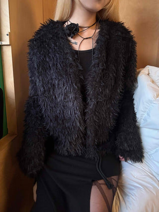 Chic Monotone Shaggy Open Three-Button Cardigan