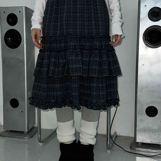 Dark Check Shirred Ruffle Layered Midi Skirt