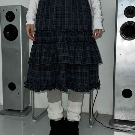 Dark Check Shirred Ruffle Layered Midi Skirt