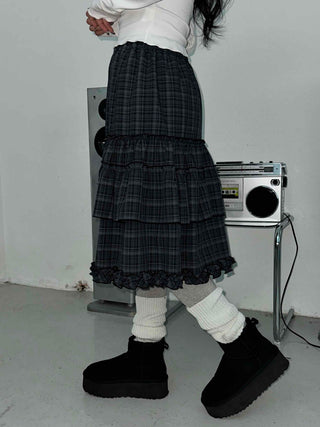 Dark Check Shirred Ruffle Layered Midi Skirt
