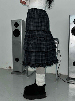 Dark Check Shirred Ruffle Layered Midi Skirt
