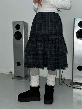 Dark Check Shirred Ruffle Layered Midi Skirt