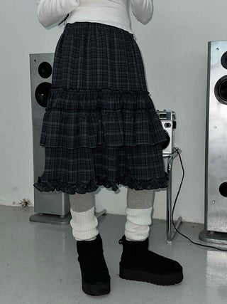 Dark Check Shirred Ruffle Layered Midi Skirt