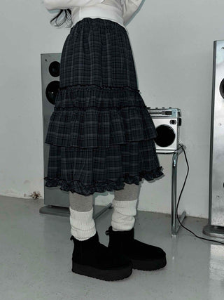 Dark Check Shirred Ruffle Layered Midi Skirt