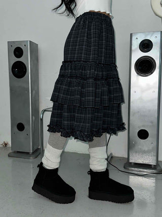 Dark Check Shirred Ruffle Layered Midi Skirt