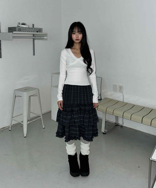 Dark Check Shirred Ruffle Layered Midi Skirt