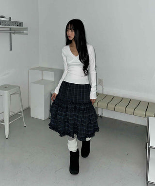 Dark Check Shirred Ruffle Layered Midi Skirt