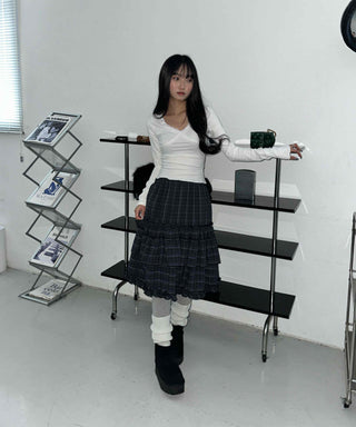 Dark Check Shirred Ruffle Layered Midi Skirt