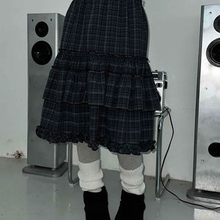 Dark Check Shirred Ruffle Layered Midi Skirt