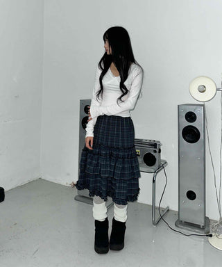 Dark Check Shirred Ruffle Layered Midi Skirt