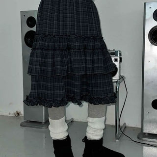 Dark Check Shirred Ruffle Layered Midi Skirt