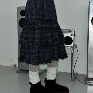 Dark Check Shirred Ruffle Layered Midi Skirt