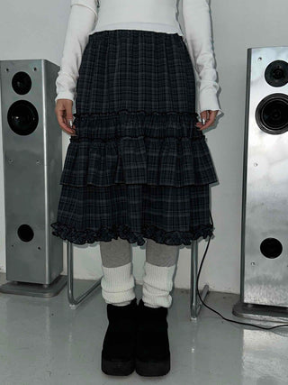 Dark Check Shirred Ruffle Layered Midi Skirt