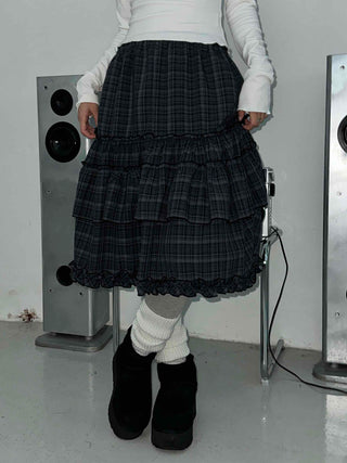 Dark Check Shirred Ruffle Layered Midi Skirt