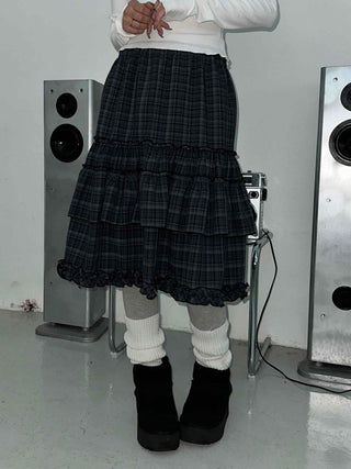 Dark Check Shirred Ruffle Layered Midi Skirt