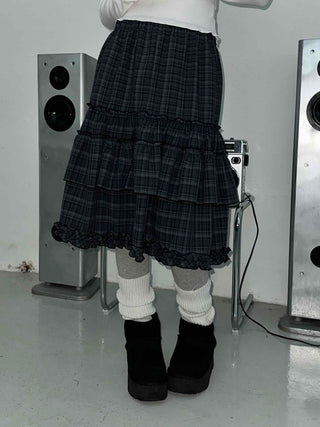Dark Check Shirred Ruffle Layered Midi Skirt