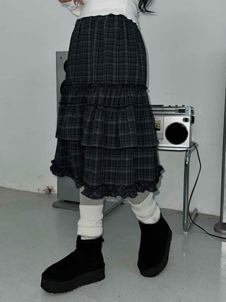 Dark Check Shirred Ruffle Layered Midi Skirt