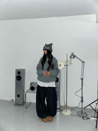 Fleece-lined hidden hood oversized zip-up windbreaker