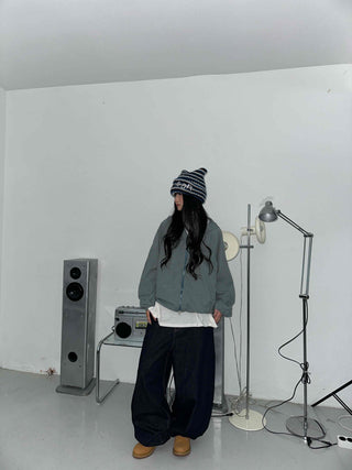 Fleece-lined hidden hood oversized zip-up windbreaker