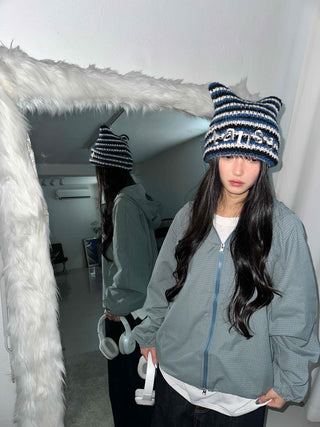 Fleece-lined hidden hood oversized zip-up windbreaker
