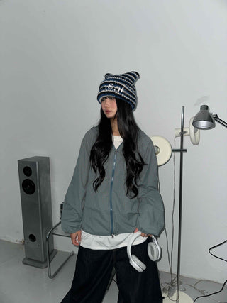 Fleece-lined hidden hood oversized zip-up windbreaker