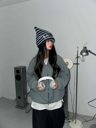 Fleece-lined hidden hood oversized zip-up windbreaker
