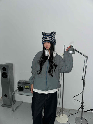 Fleece-lined hidden hood oversized zip-up windbreaker