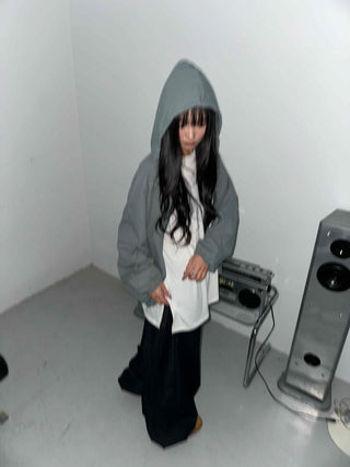 Fleece-lined hidden hood oversized zip-up windbreaker