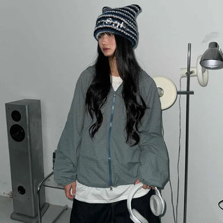Fleece-lined hidden hood oversized zip-up windbreaker