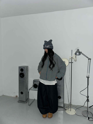 Fleece-lined hidden hood oversized zip-up windbreaker