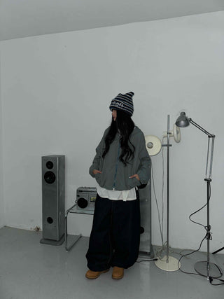 Fleece-lined hidden hood oversized zip-up windbreaker