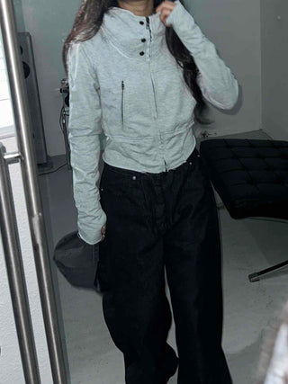 Frayed Distressed Crop Wire Zip-up Hoodie
